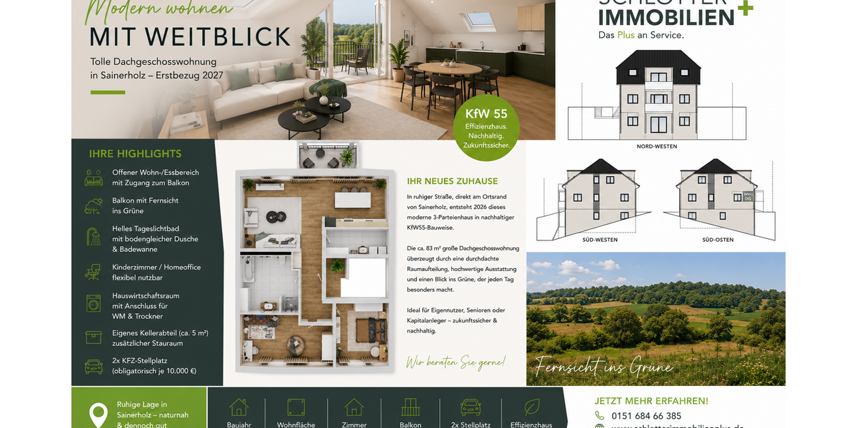 Neubau - Eigentumswohnung KfW 55 mit Balkon - Dachgeschoßwohnung Ötzingen Sainerholz | Angebot:25079567